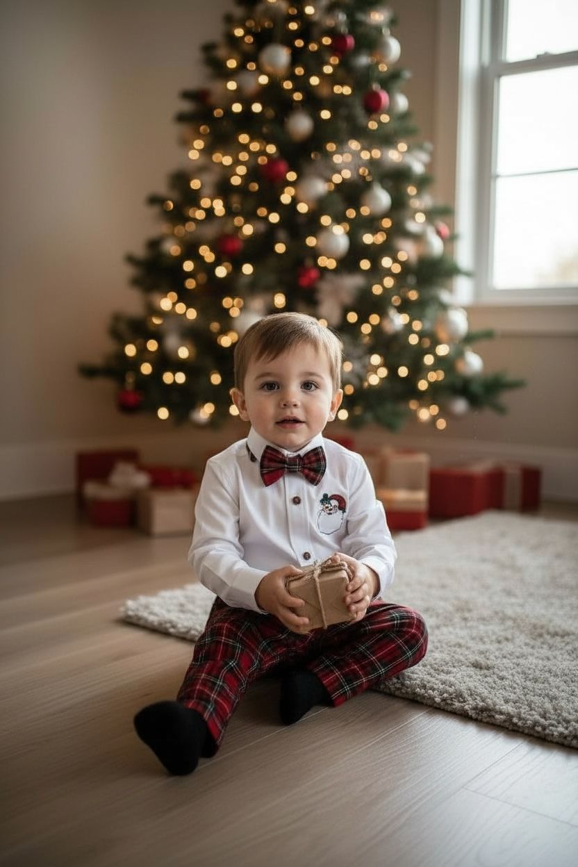 Noel Baba Nakışlı Erkek Bebek Yılbaşı Takımı – Ekose Pantolon &Gömlek Papyon