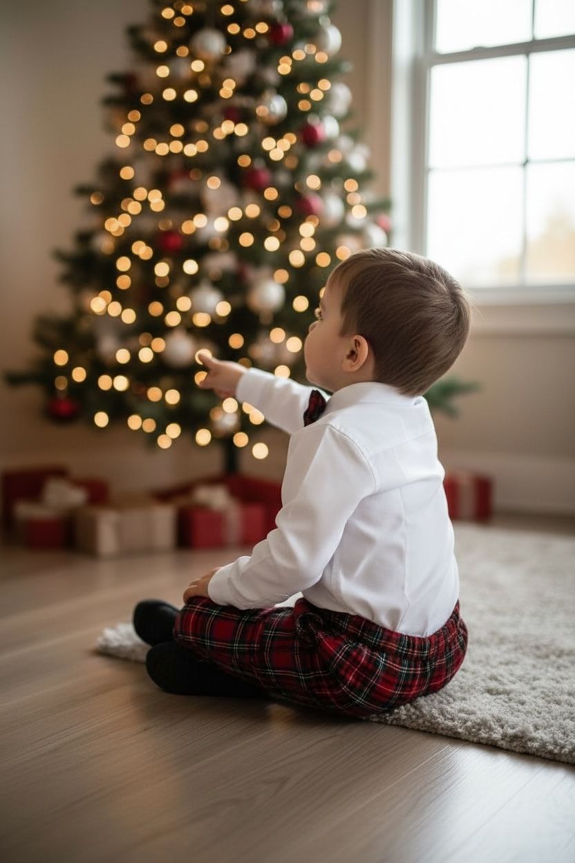 Noel Baba Nakışlı Erkek Bebek Yılbaşı Takımı – Ekose Pantolon &Gömlek Papyon