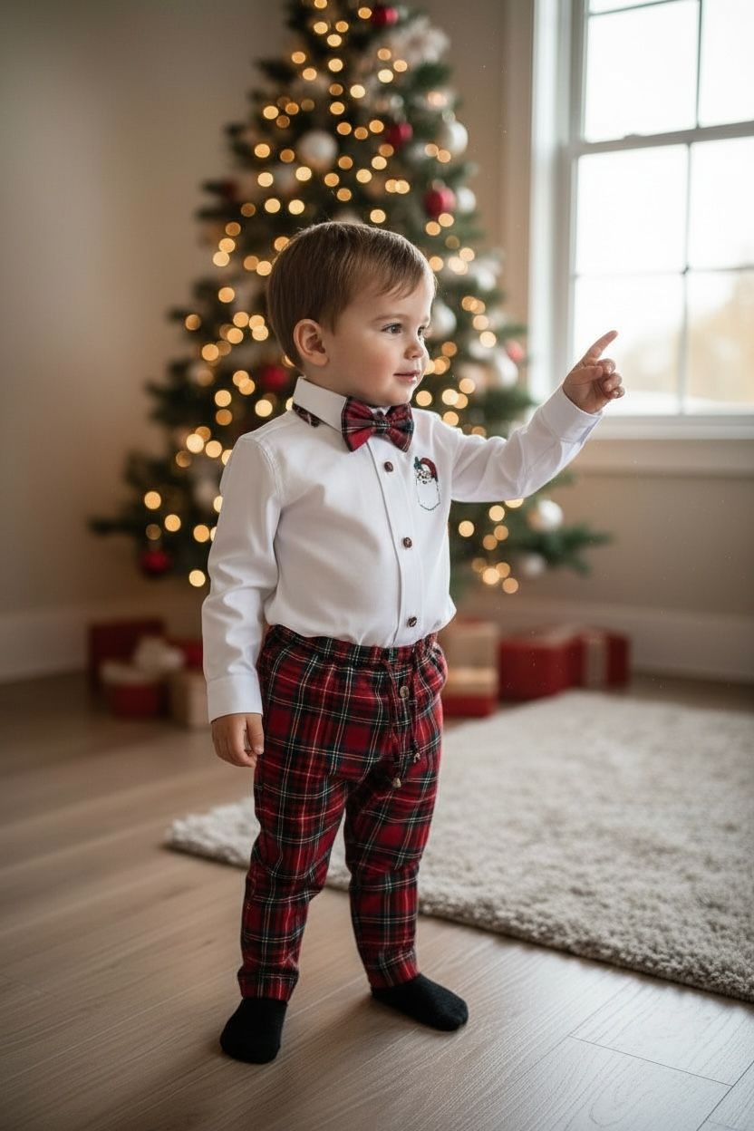 Noel Baba Nakışlı Erkek Bebek Yılbaşı Takımı – Ekose Pantolon &Gömlek Papyon
