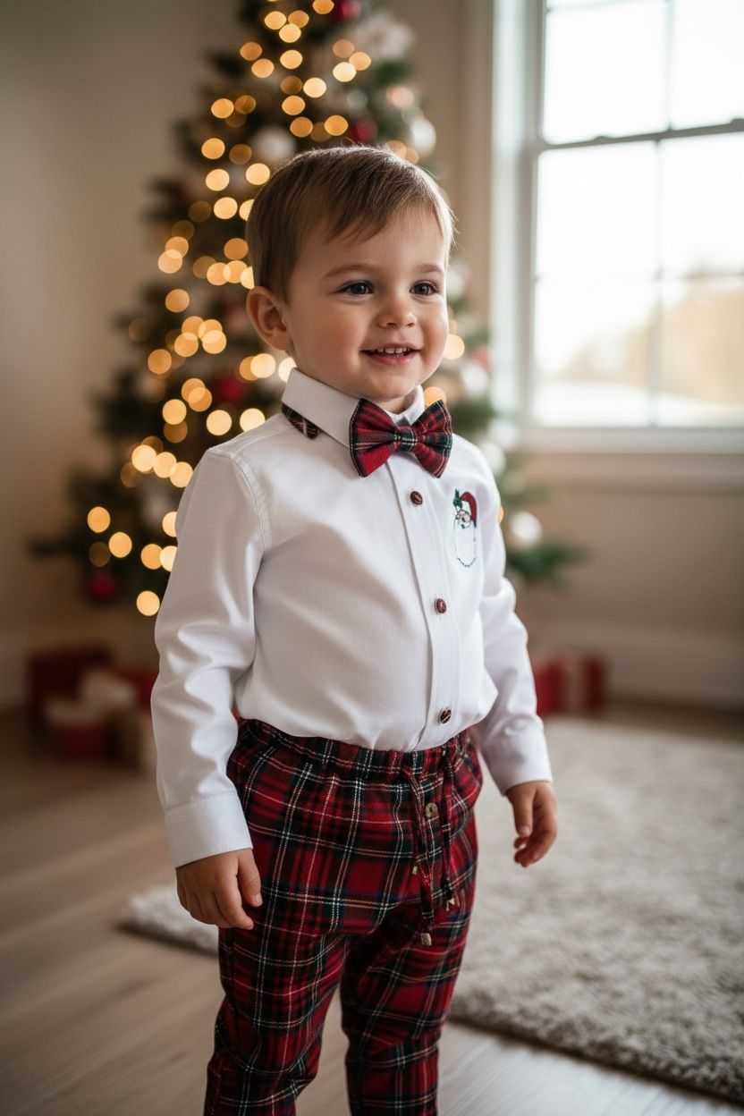 Noel Baba Nakışlı Erkek Bebek Yılbaşı Takımı – Ekose Pantolon &Gömlek Papyon