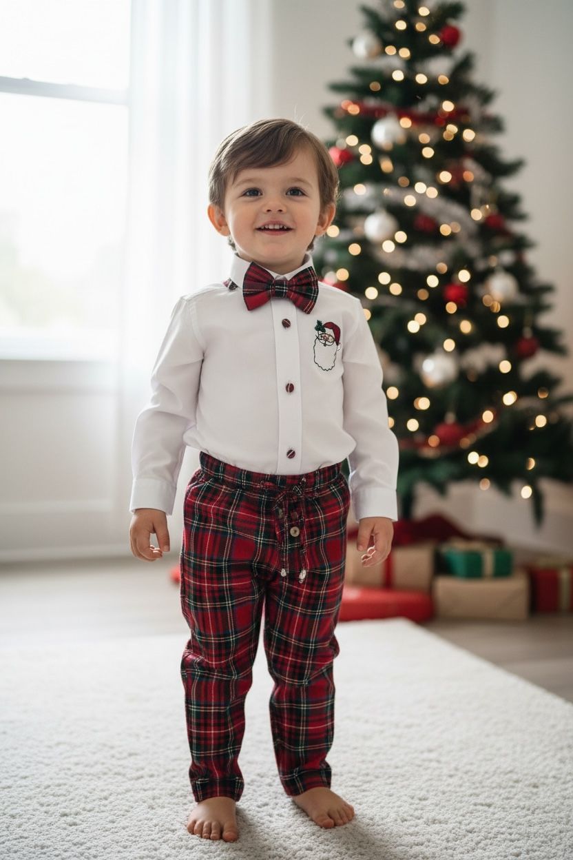 Noel Baba Nakışlı Erkek Bebek Yılbaşı Takımı – Ekose Pantolon &Gömlek Papyon