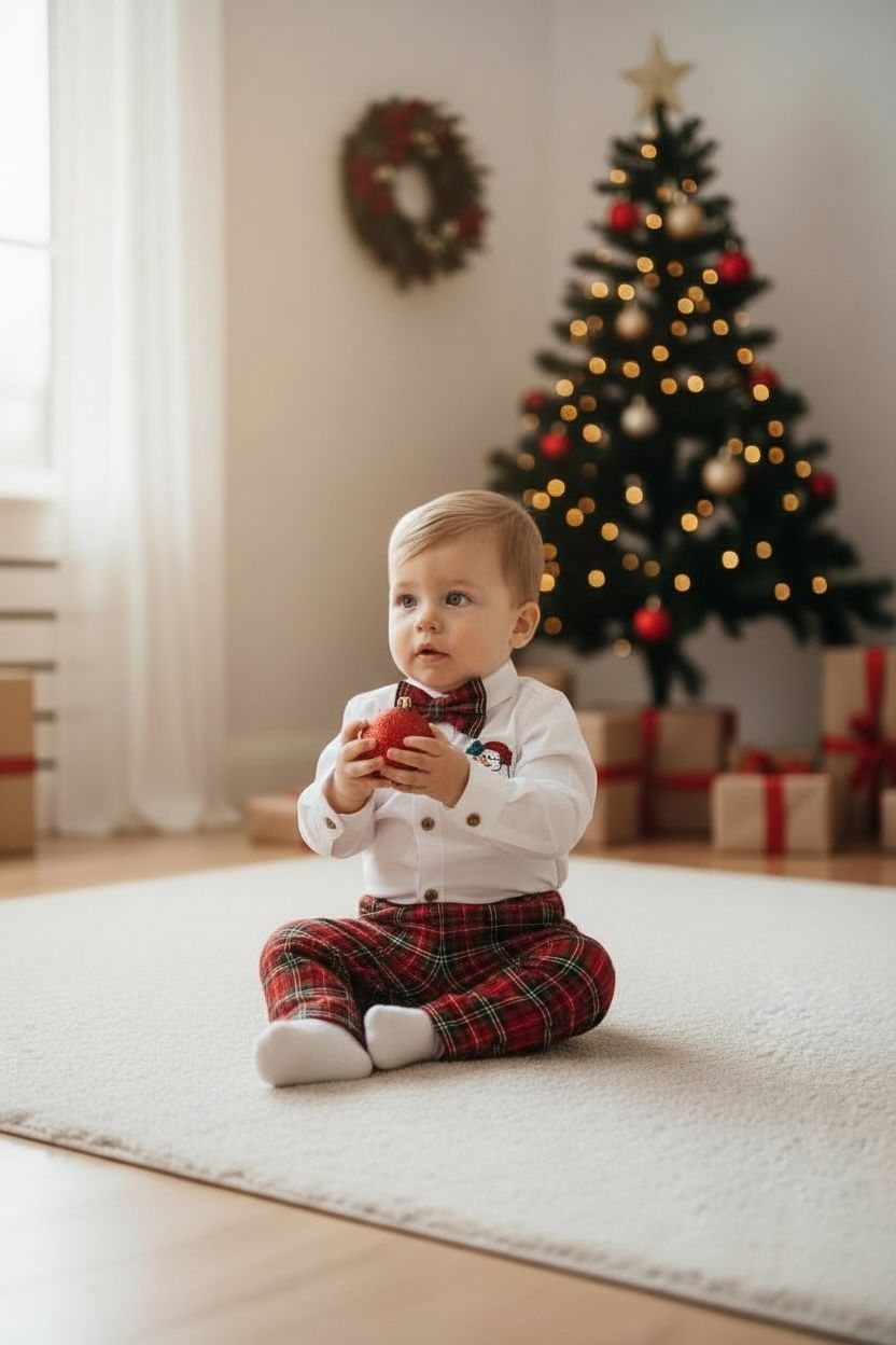 Noel Baba Nakışlı Erkek Bebek Yılbaşı Takımı – Ekose Pantolon &Gömlek Papyon