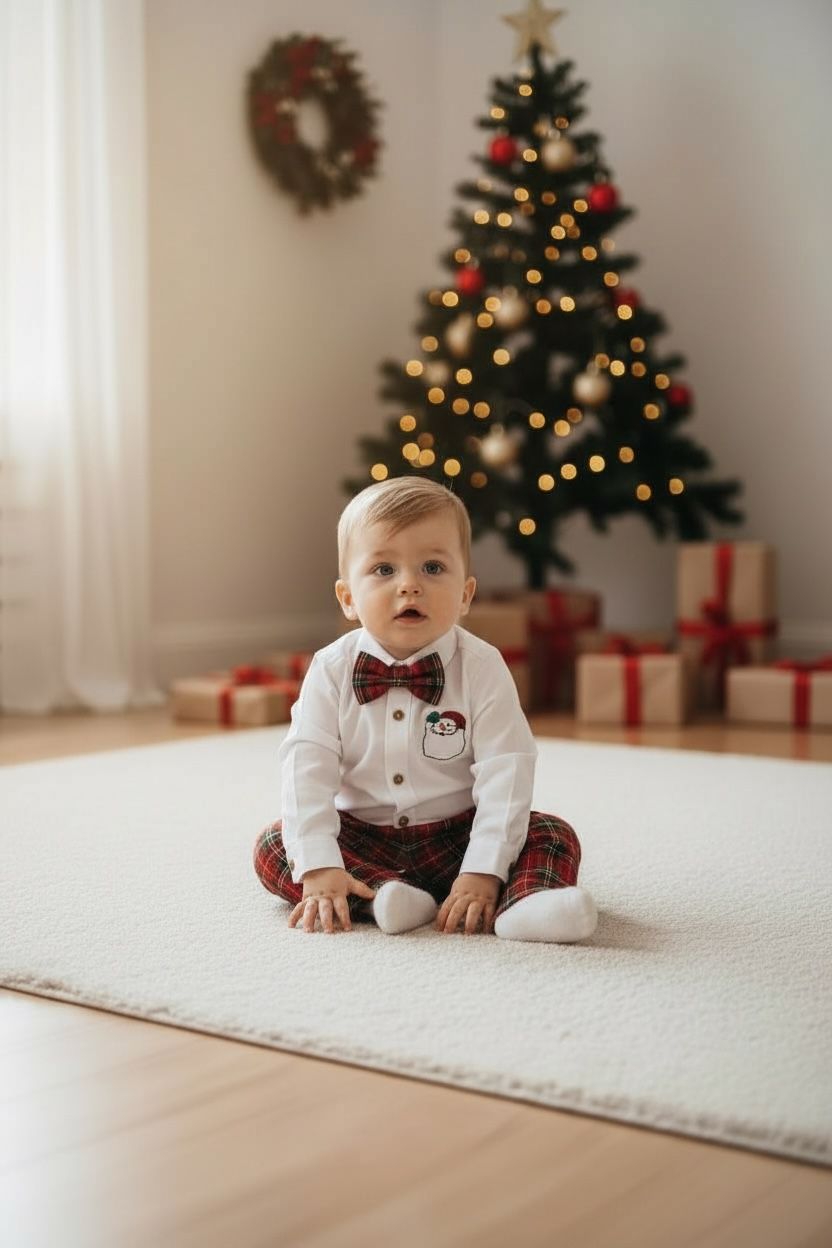 Noel Baba Nakışlı Erkek Bebek Yılbaşı Takımı – Ekose Pantolon &Gömlek Papyon