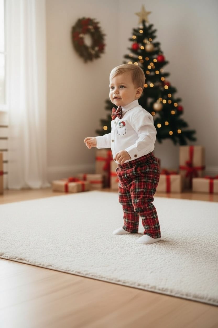 Noel Baba Nakışlı Erkek Bebek Yılbaşı Takımı – Ekose Pantolon &Gömlek Papyon