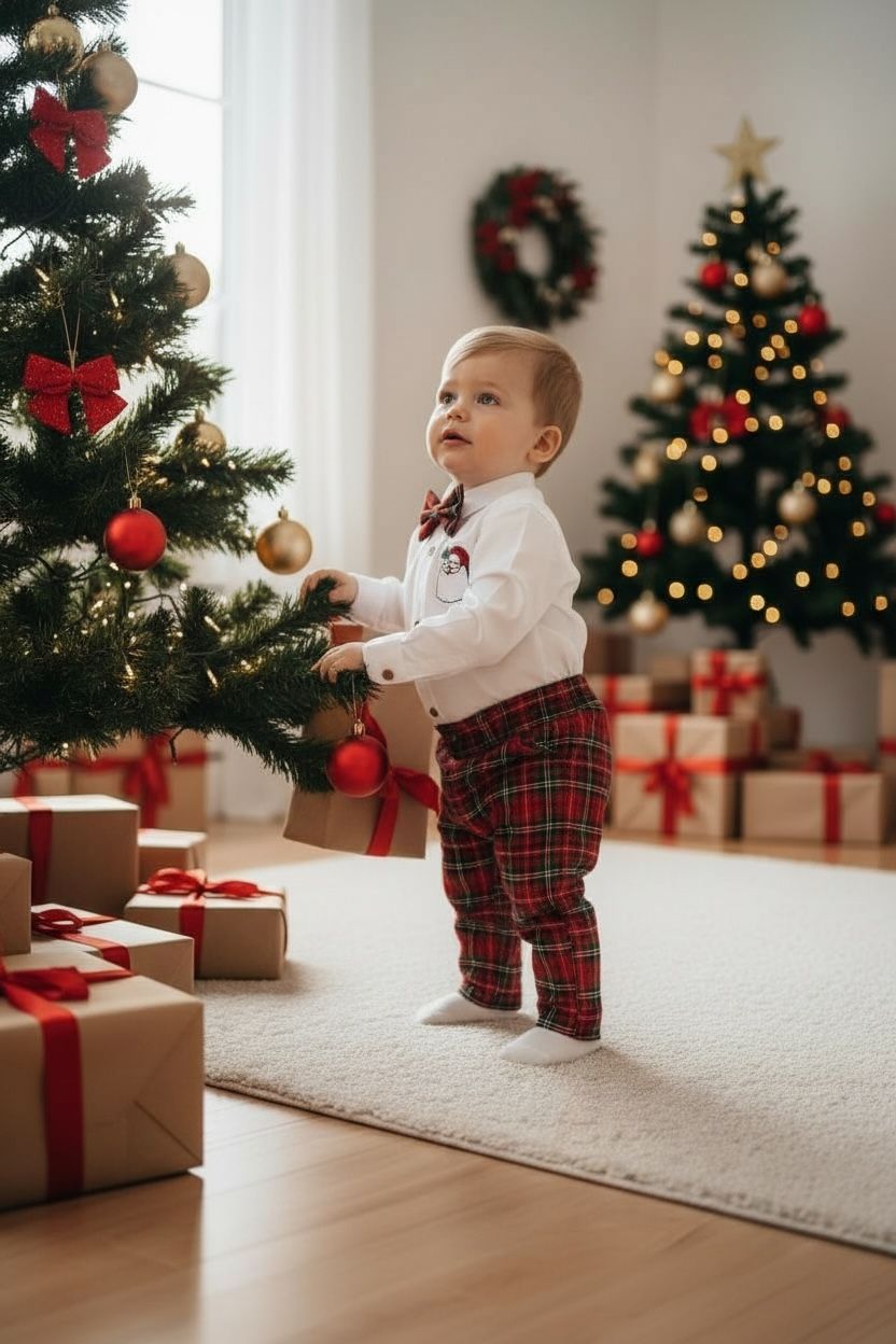 Noel Baba Nakışlı Erkek Bebek Yılbaşı Takımı – Ekose Pantolon &Gömlek Papyon