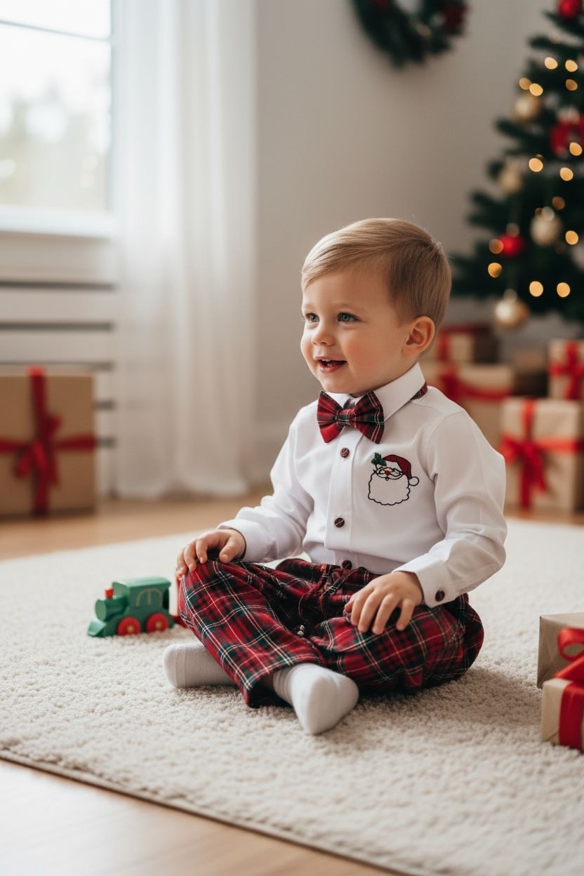 Noel Baba Nakışlı Erkek Bebek Yılbaşı Takımı – Ekose Pantolon &Gömlek Papyon