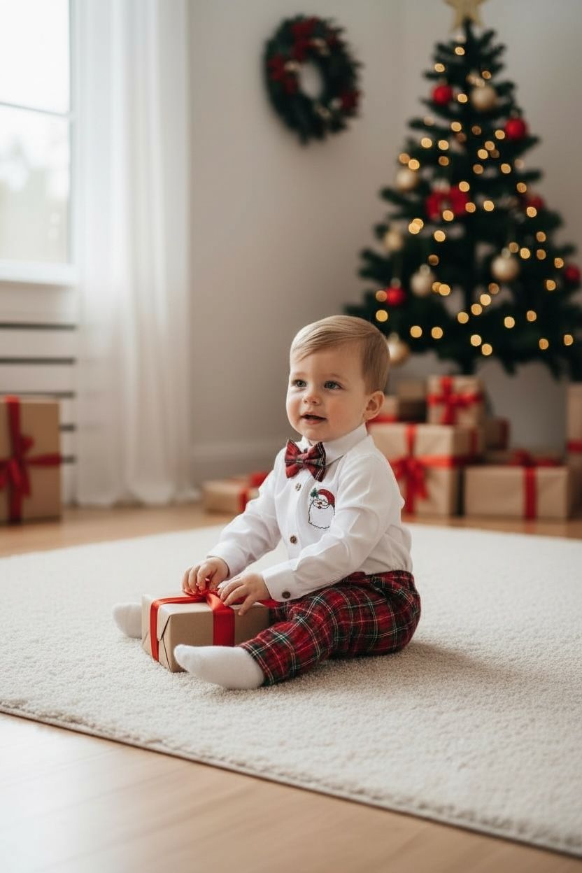 Noel Baba Nakışlı Erkek Bebek Yılbaşı Takımı – Ekose Pantolon &Gömlek Papyon