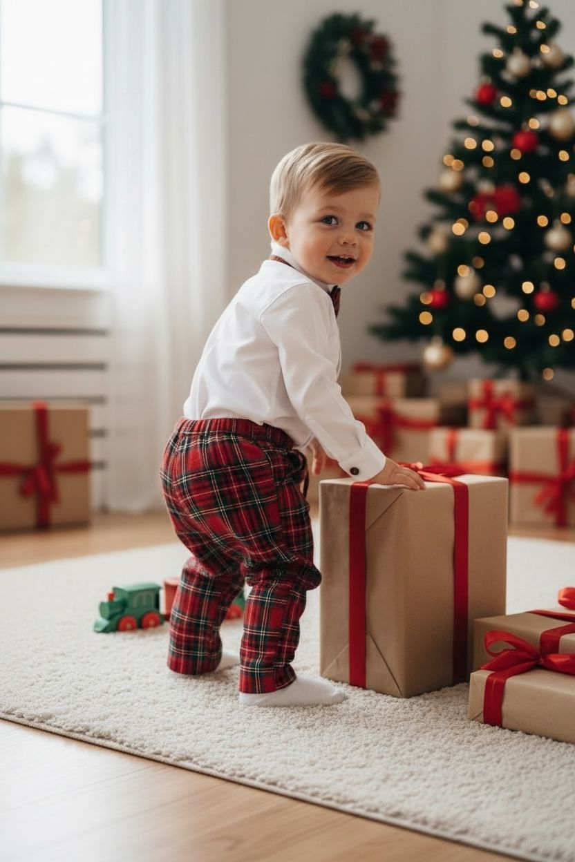 Noel Baba Nakışlı Erkek Bebek Yılbaşı Takımı – Ekose Pantolon &Gömlek Papyon