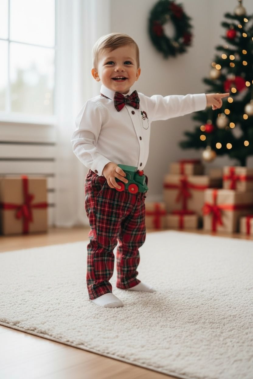 Noel Baba Nakışlı Erkek Bebek Yılbaşı Takımı – Ekose Pantolon &Gömlek Papyon