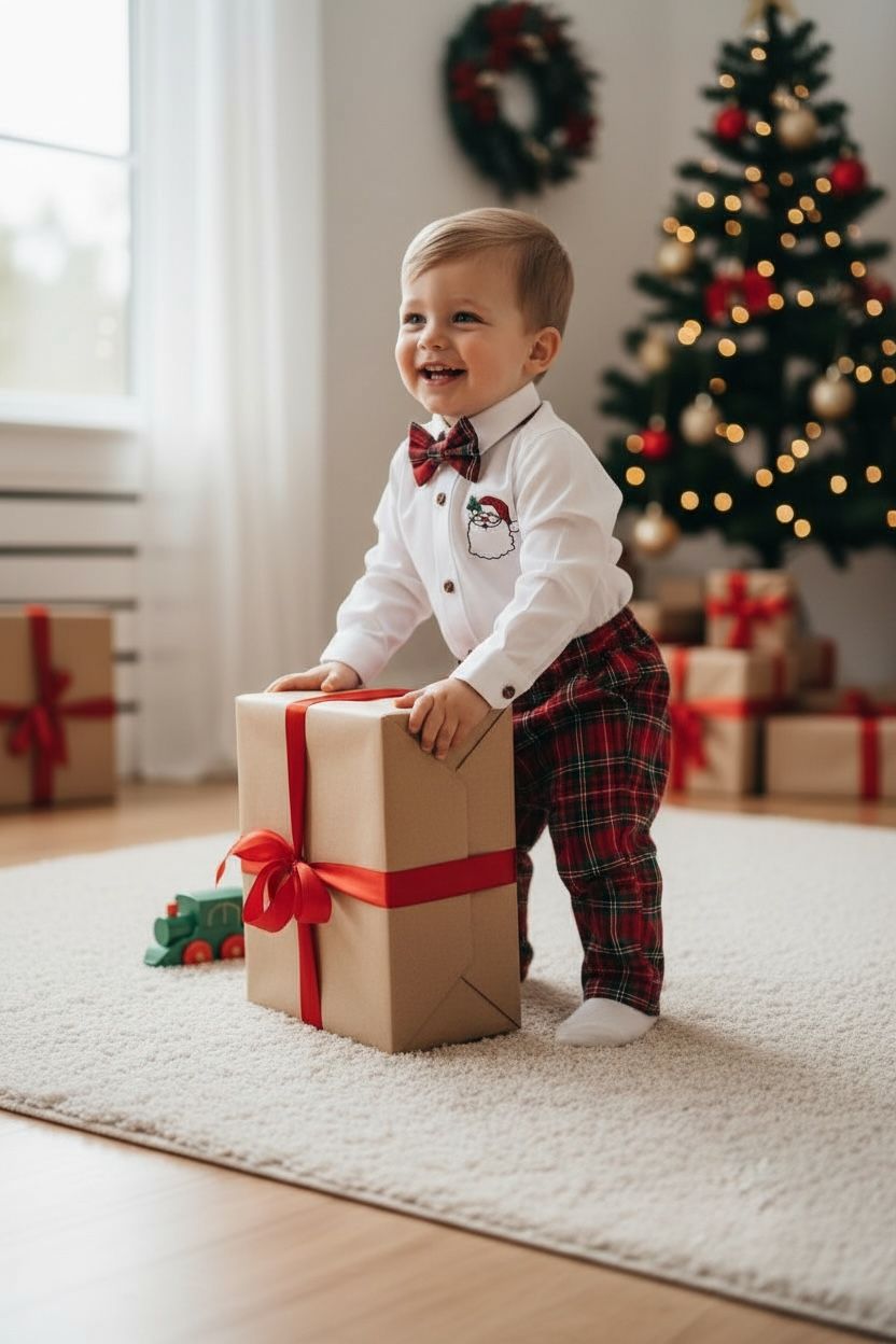 Noel Baba Nakışlı Erkek Bebek Yılbaşı Takımı – Ekose Pantolon &Gömlek Papyon