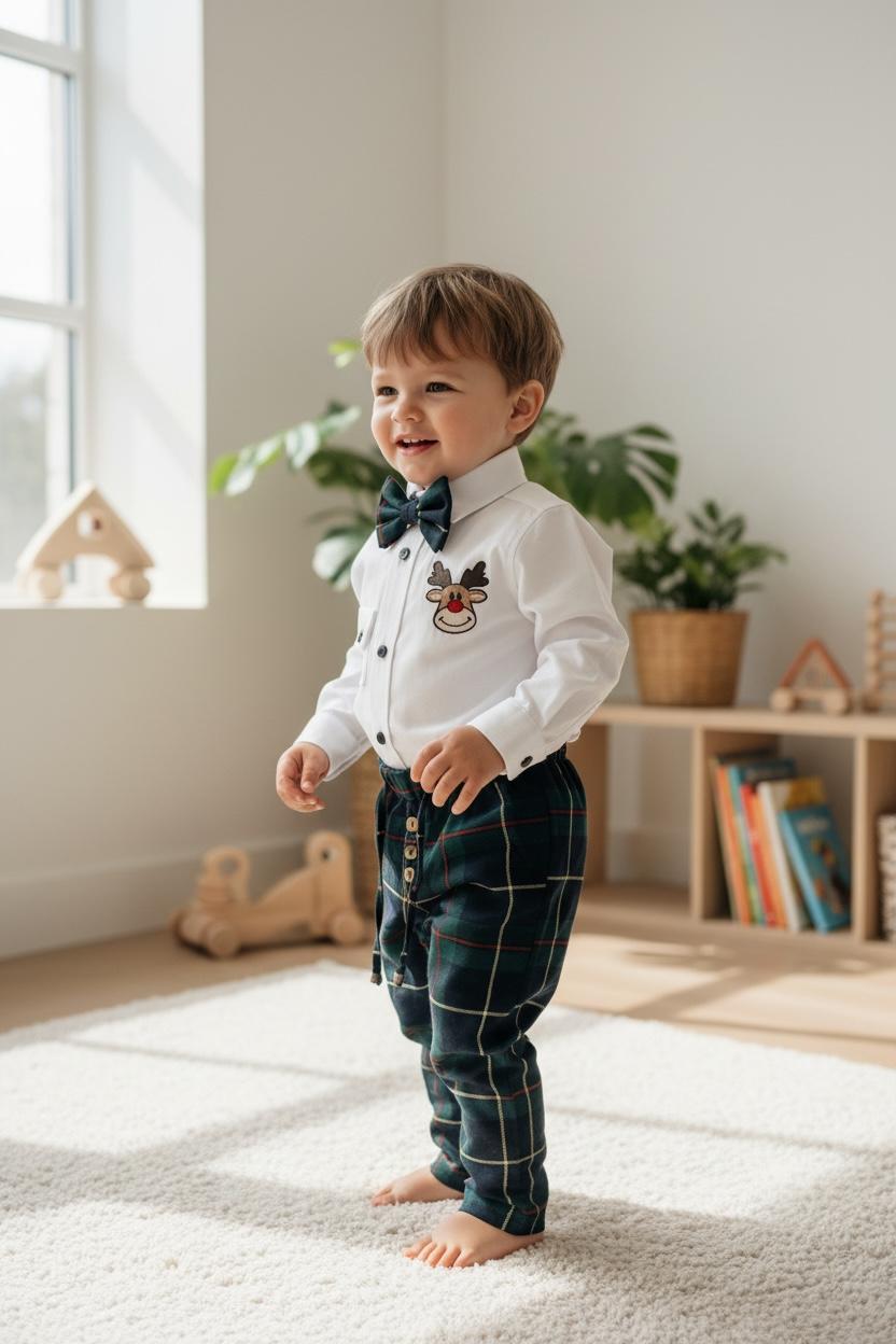 Erkek Bebek Yılbaşı Takımı – Ren Geyiği Nakışlı Gömlek & Ekose Pantolon Papyon