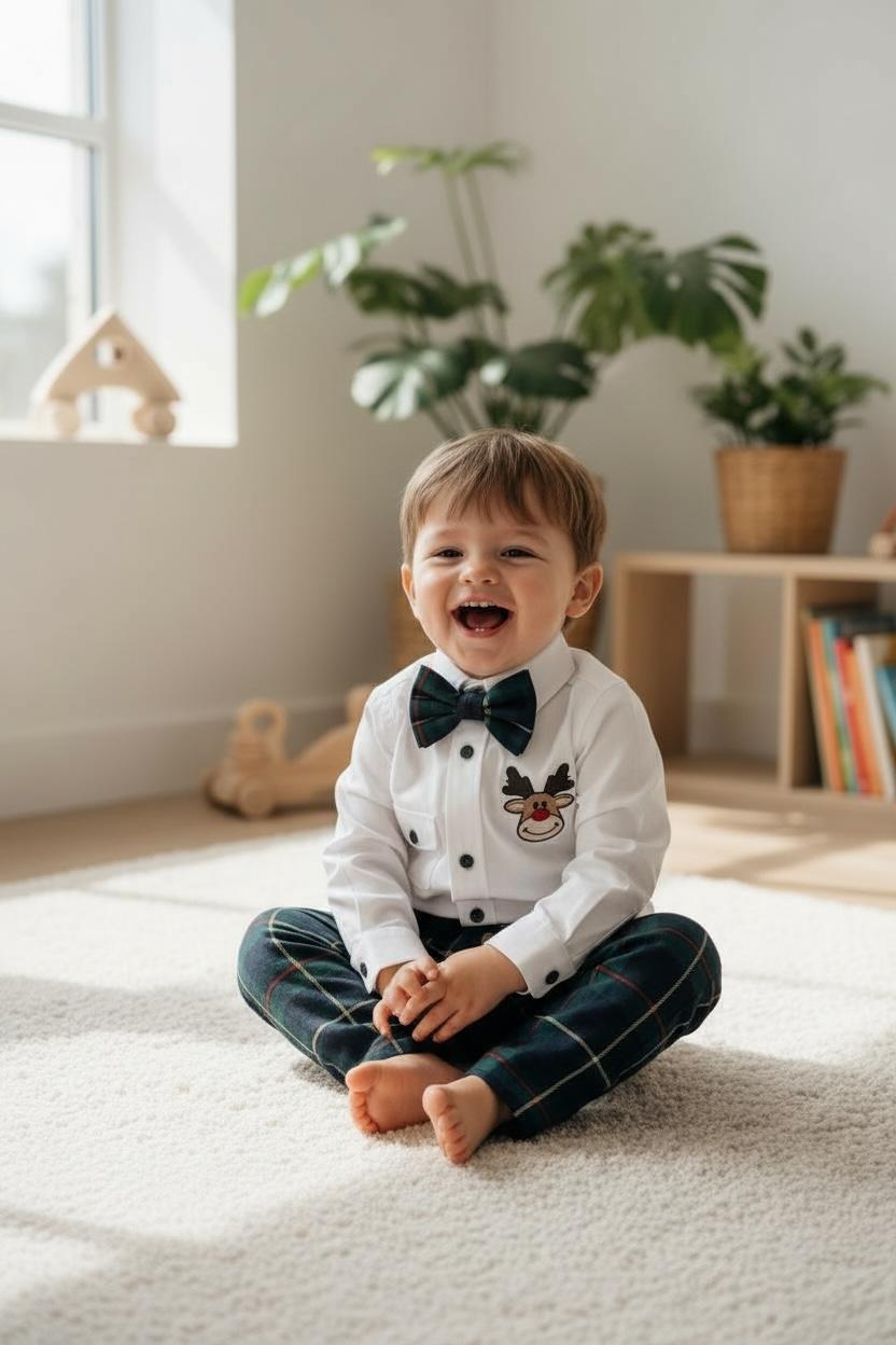 Erkek Bebek Yılbaşı Takımı – Ren Geyiği Nakışlı Gömlek & Ekose Pantolon Papyon
