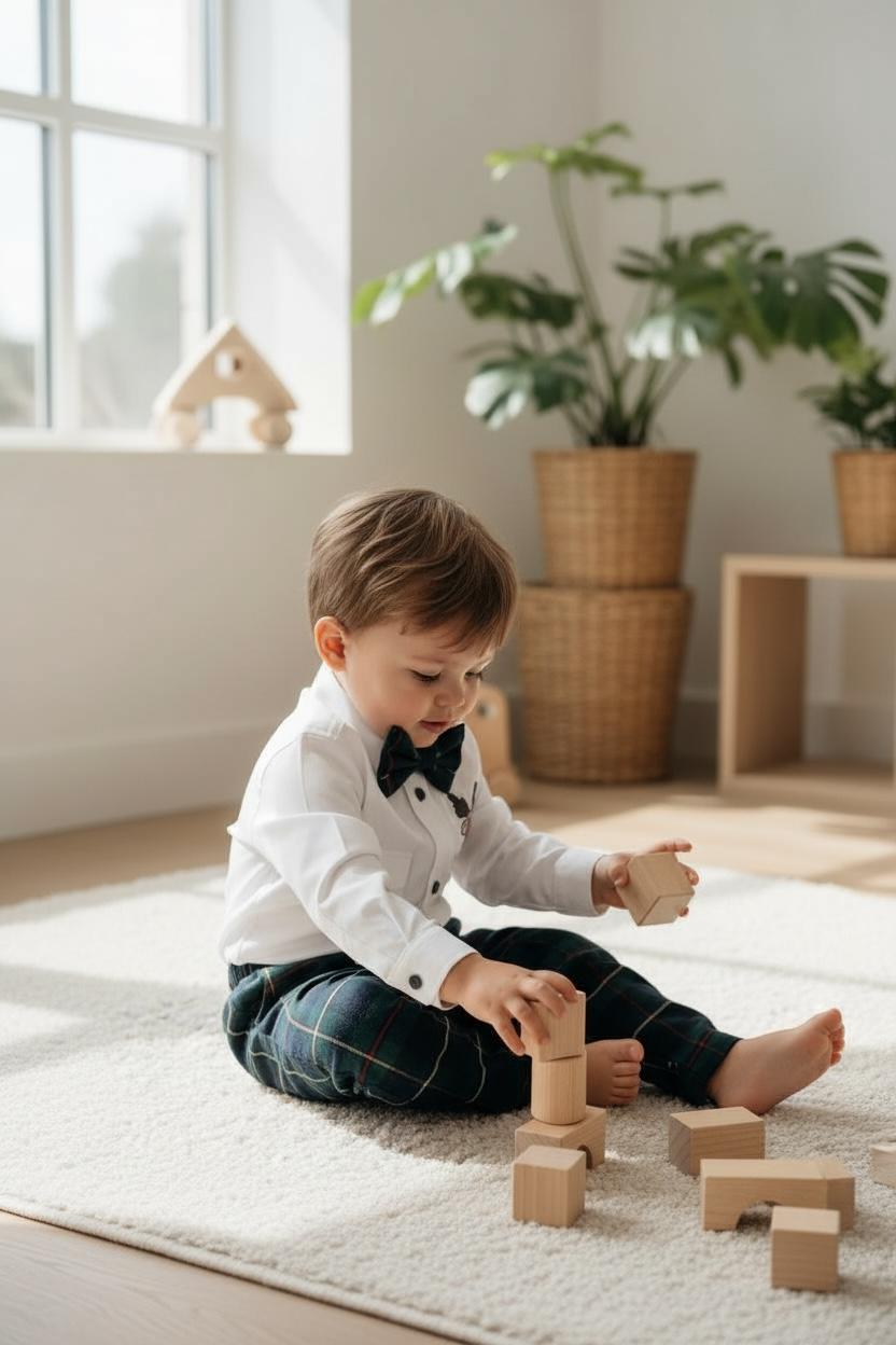 Erkek Bebek Yılbaşı Takımı – Ren Geyiği Nakışlı Gömlek & Ekose Pantolon Papyon