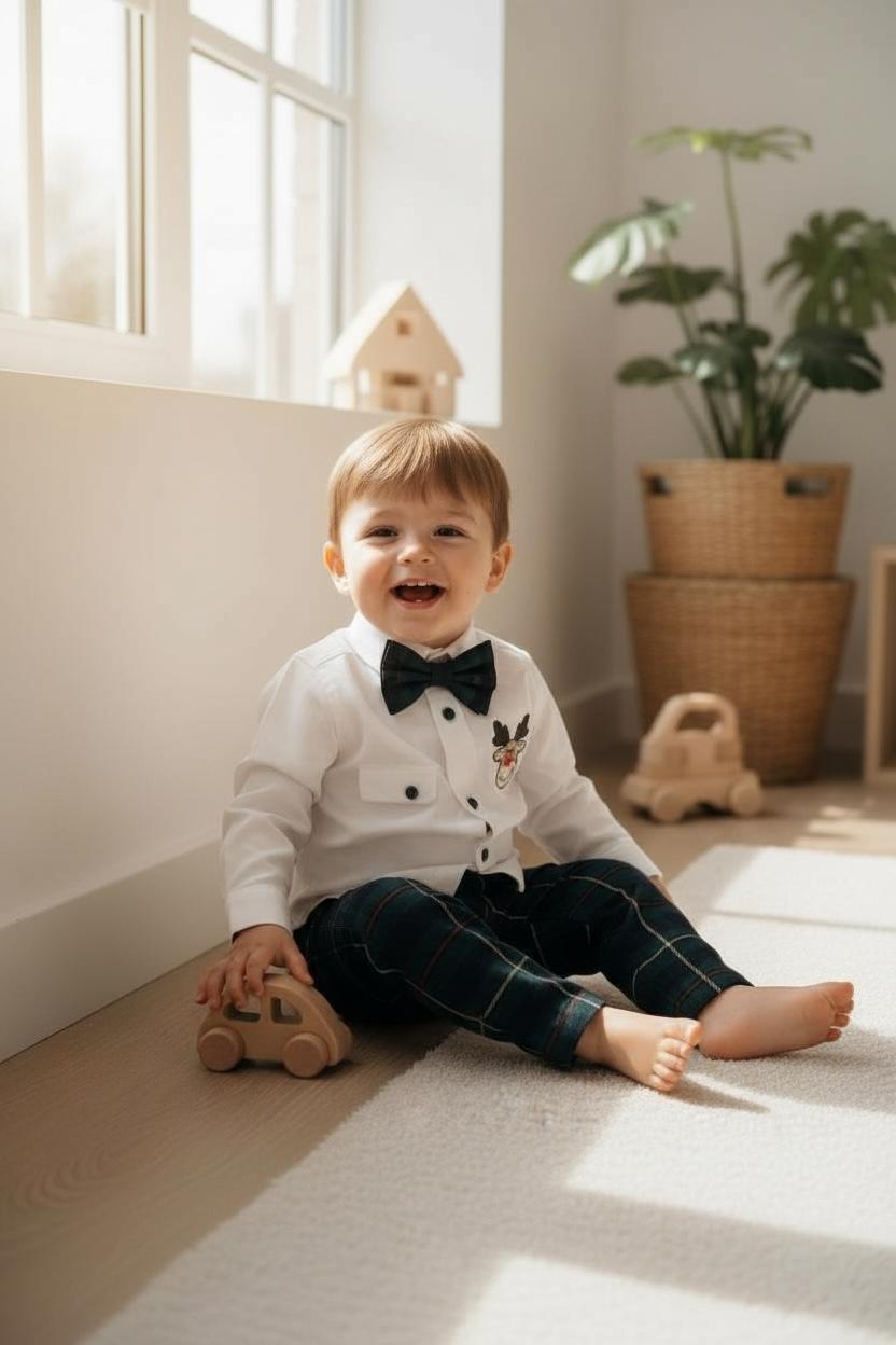 Erkek Bebek Yılbaşı Takımı – Ren Geyiği Nakışlı Gömlek & Ekose Pantolon Papyon