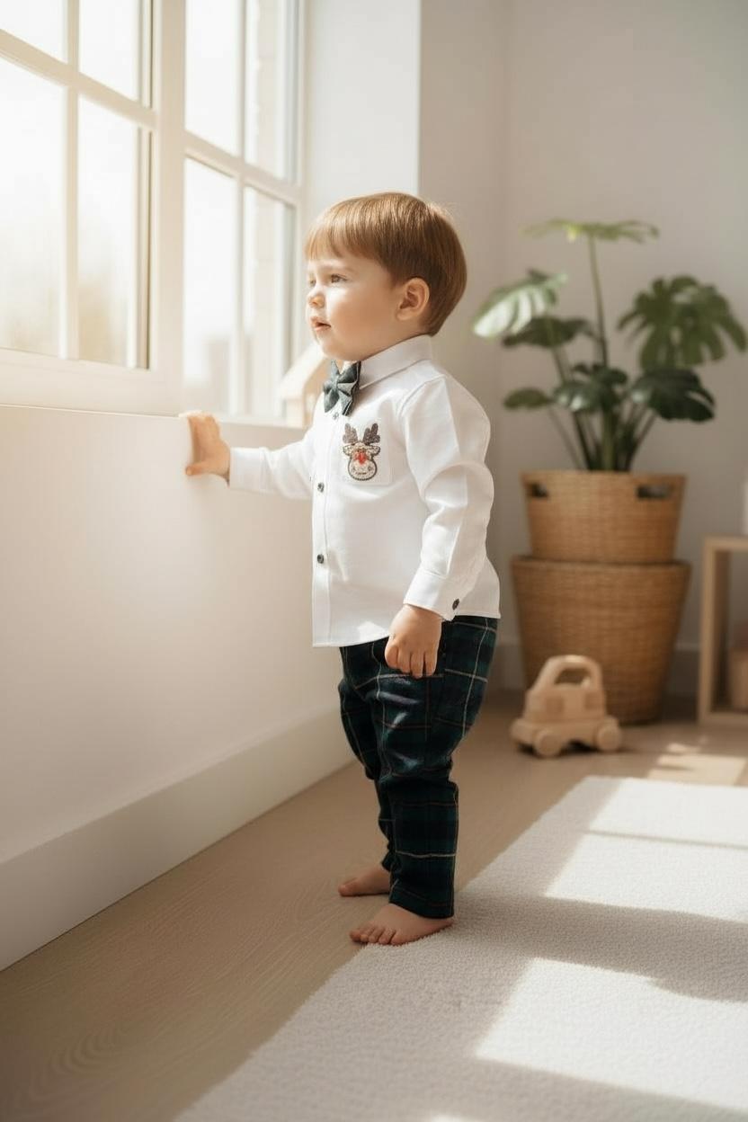 Erkek Bebek Yılbaşı Takımı – Ren Geyiği Nakışlı Gömlek & Ekose Pantolon Papyon