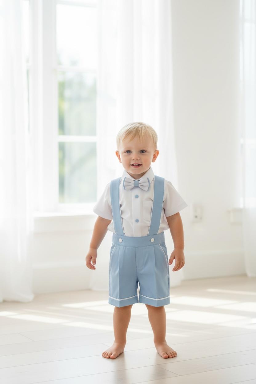 Bebe Mavi Erkek Bebek Askılı Şort Takım Papyonlu Özel Gün Kombini