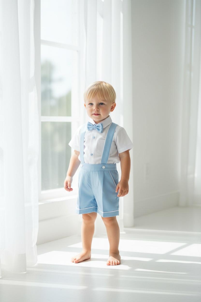 Bebe Mavi Erkek Bebek Askılı Şort Takım Papyonlu Özel Gün Kombini