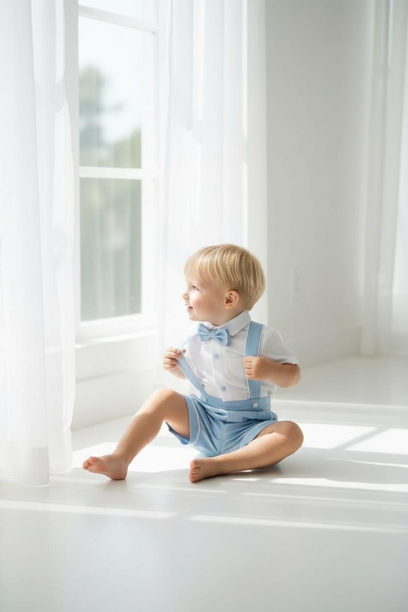 Bebe Mavi Erkek Bebek Askılı Şort Takım Papyonlu Özel Gün Kombini