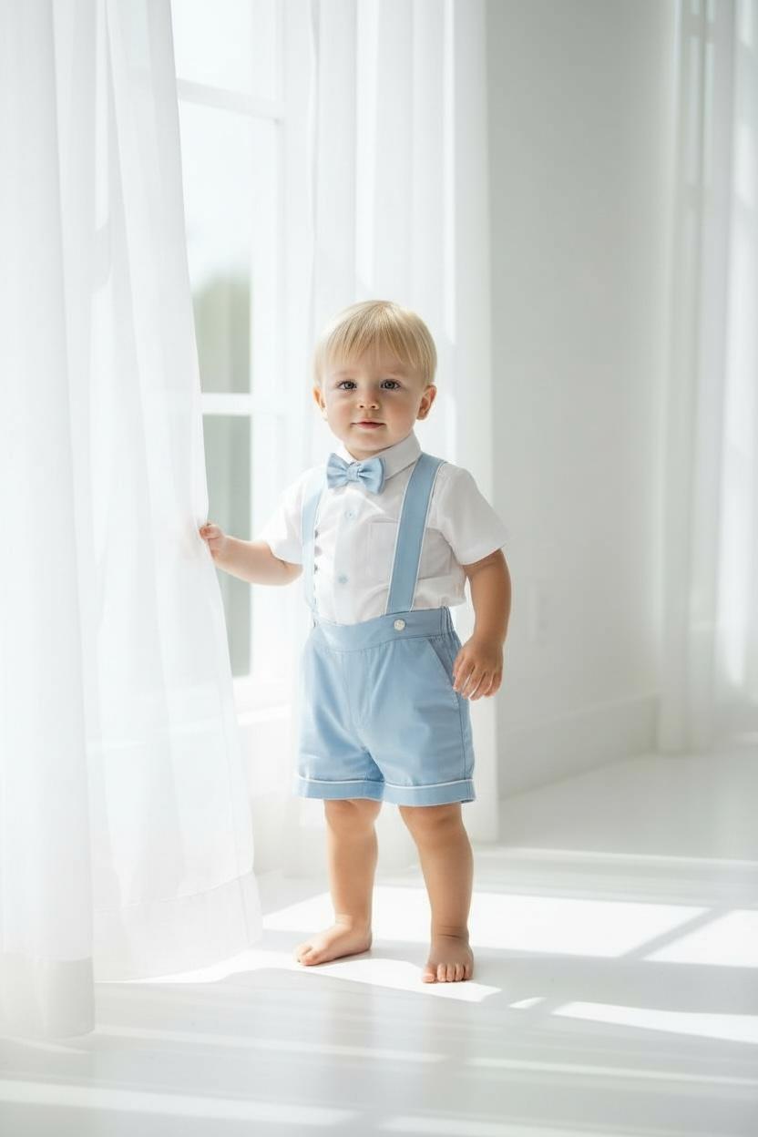 Bebe Mavi Erkek Bebek Askılı Şort Takım Papyonlu Özel Gün Kombini