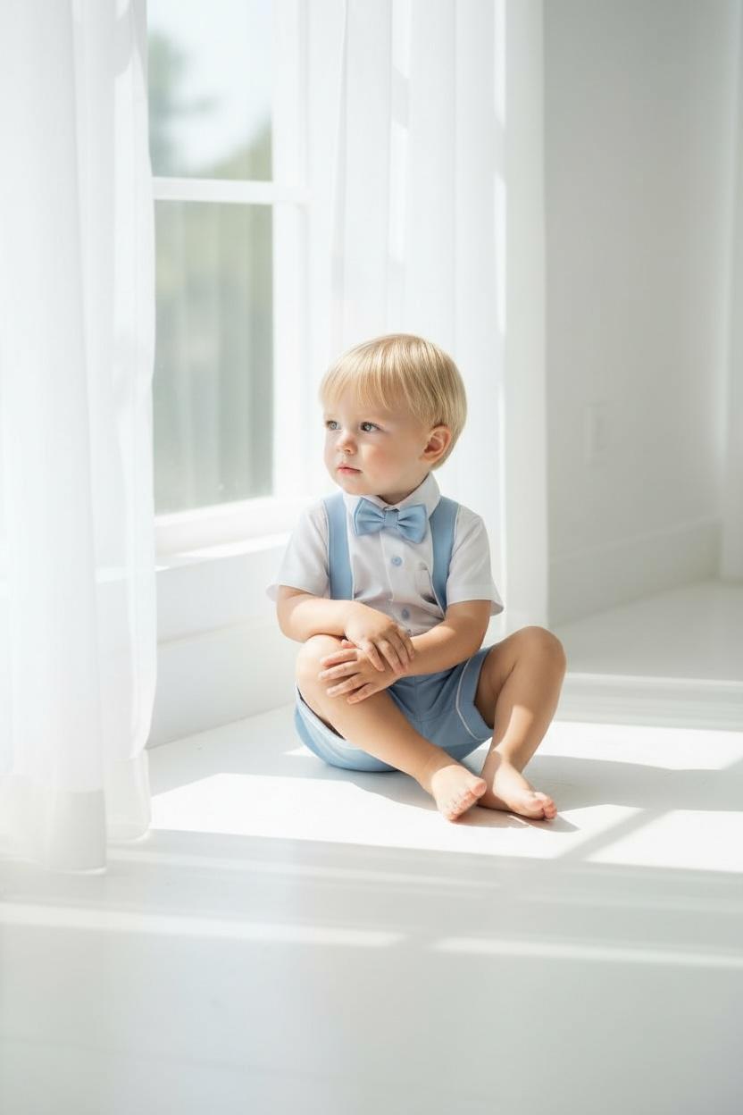 Bebe Mavi Erkek Bebek Askılı Şort Takım Papyonlu Özel Gün Kombini