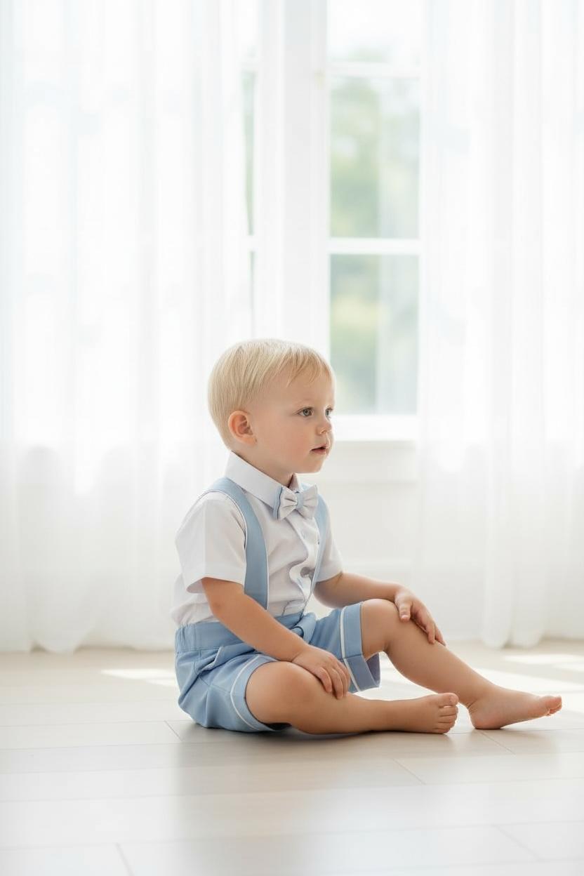 Bebe Mavi Erkek Bebek Askılı Şort Takım Papyonlu Özel Gün Kombini