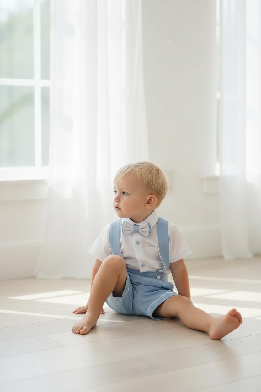 Bebe Mavi Erkek Bebek Askılı Şort Takım Papyonlu Özel Gün Kombini