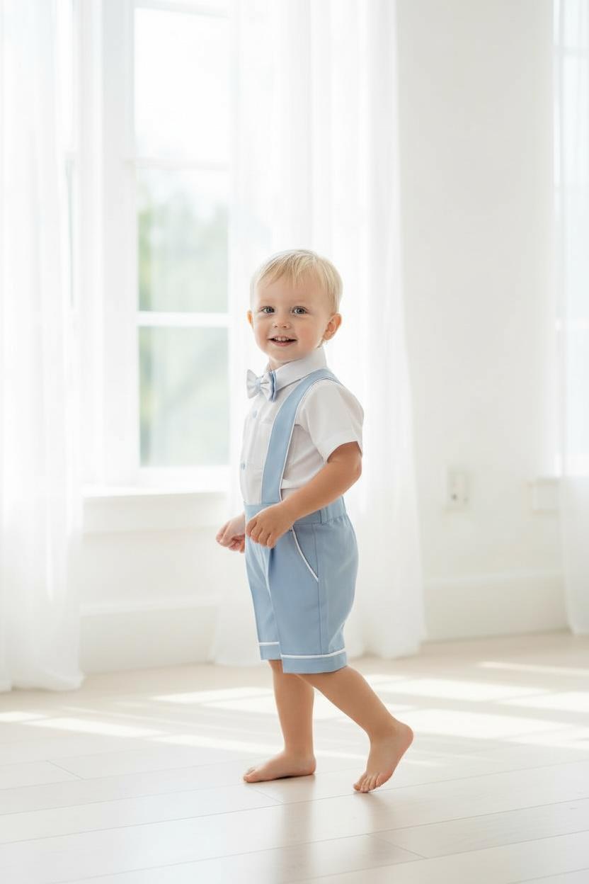 Bebe Mavi Erkek Bebek Askılı Şort Takım Papyonlu Özel Gün Kombini