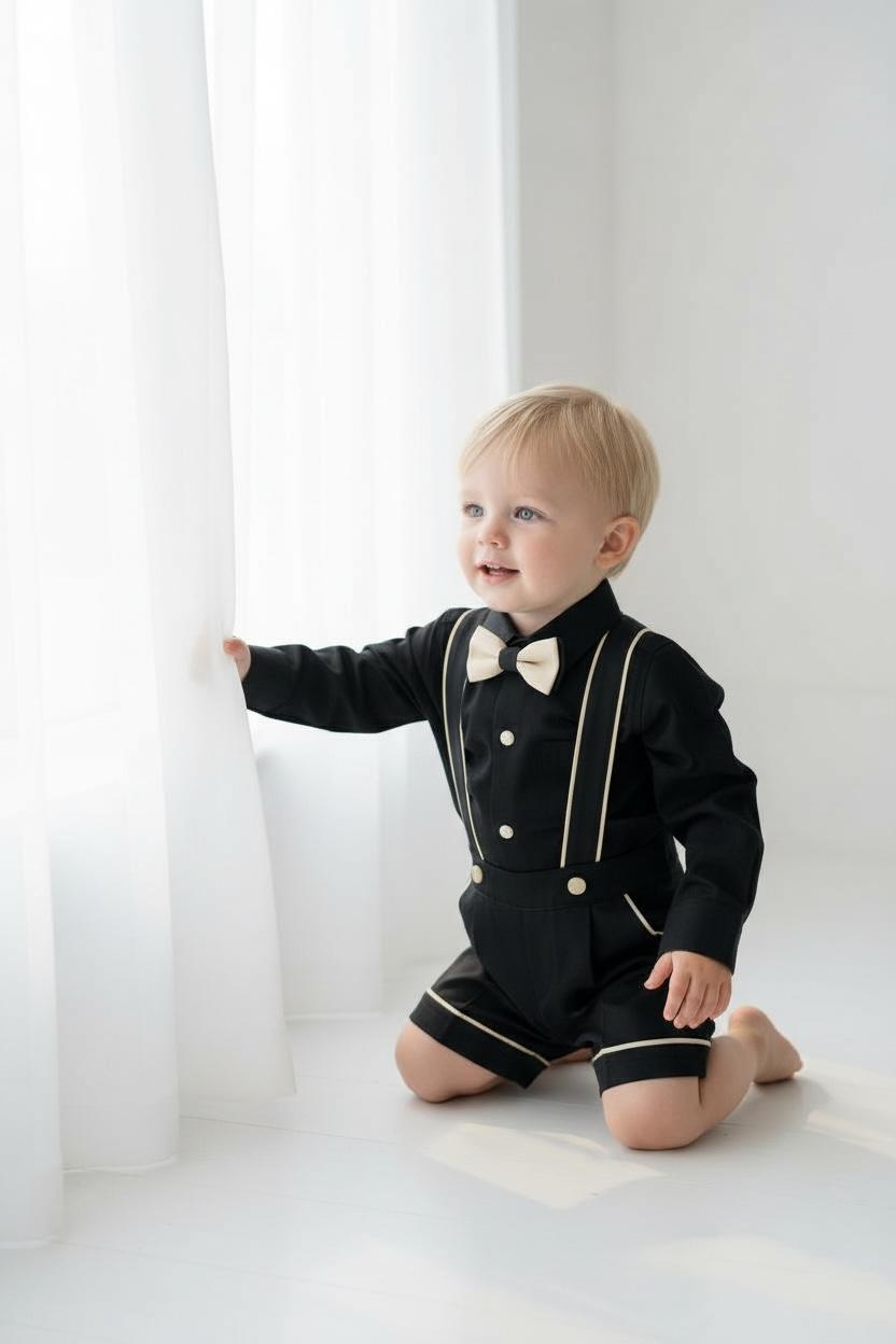 Erkek Çocuk Siyah Gold Askılı Şort Takım  Papyonlu Özel Gün Kombini