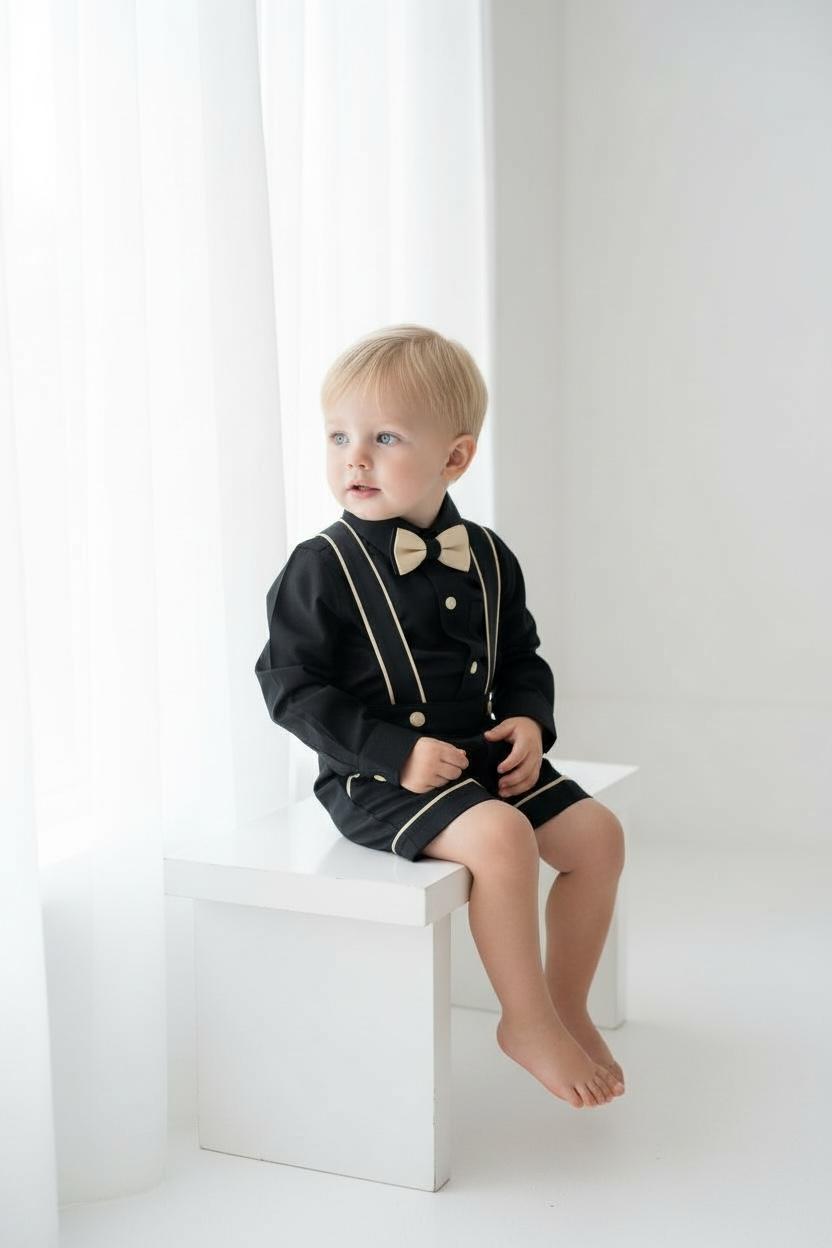 Erkek Çocuk Siyah Gold Askılı Şort Takım  Papyonlu Özel Gün Kombini