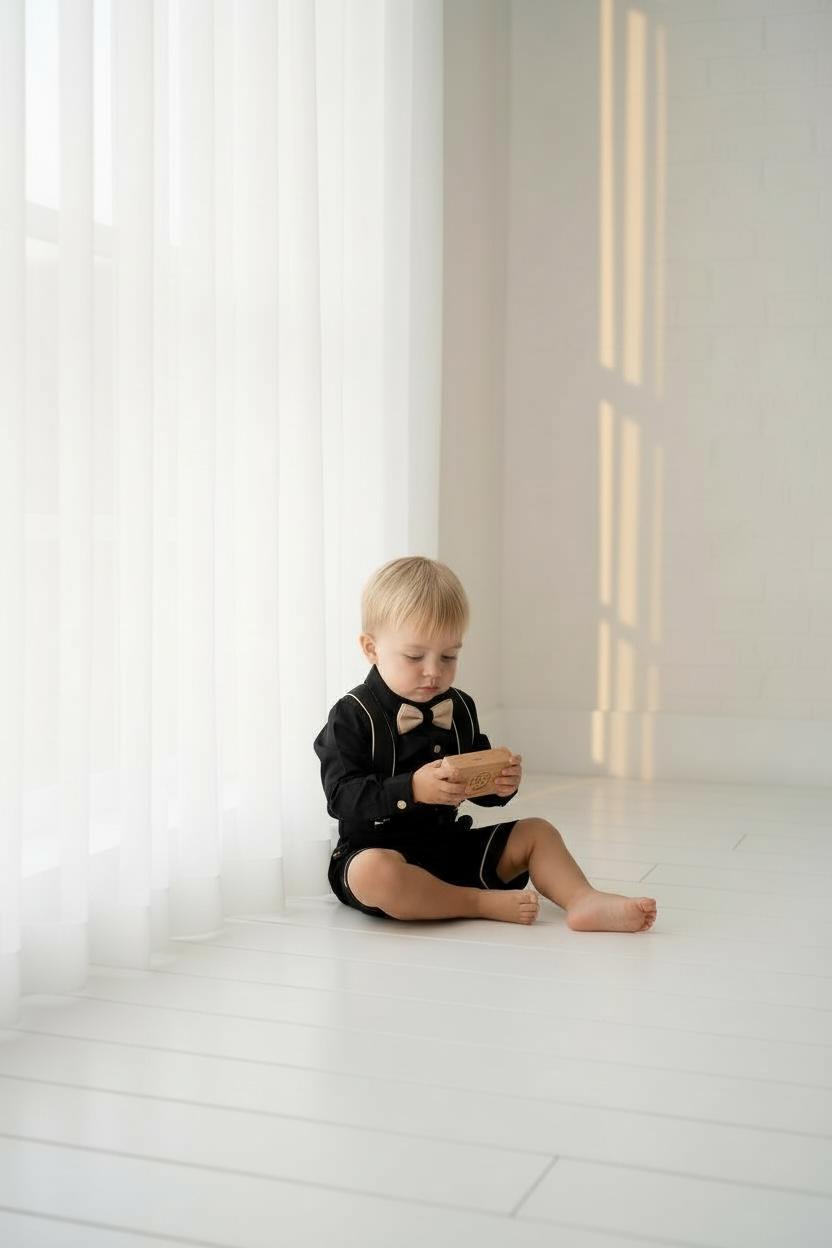 Erkek Çocuk Siyah Gold Askılı Şort Takım  Papyonlu Özel Gün Kombini