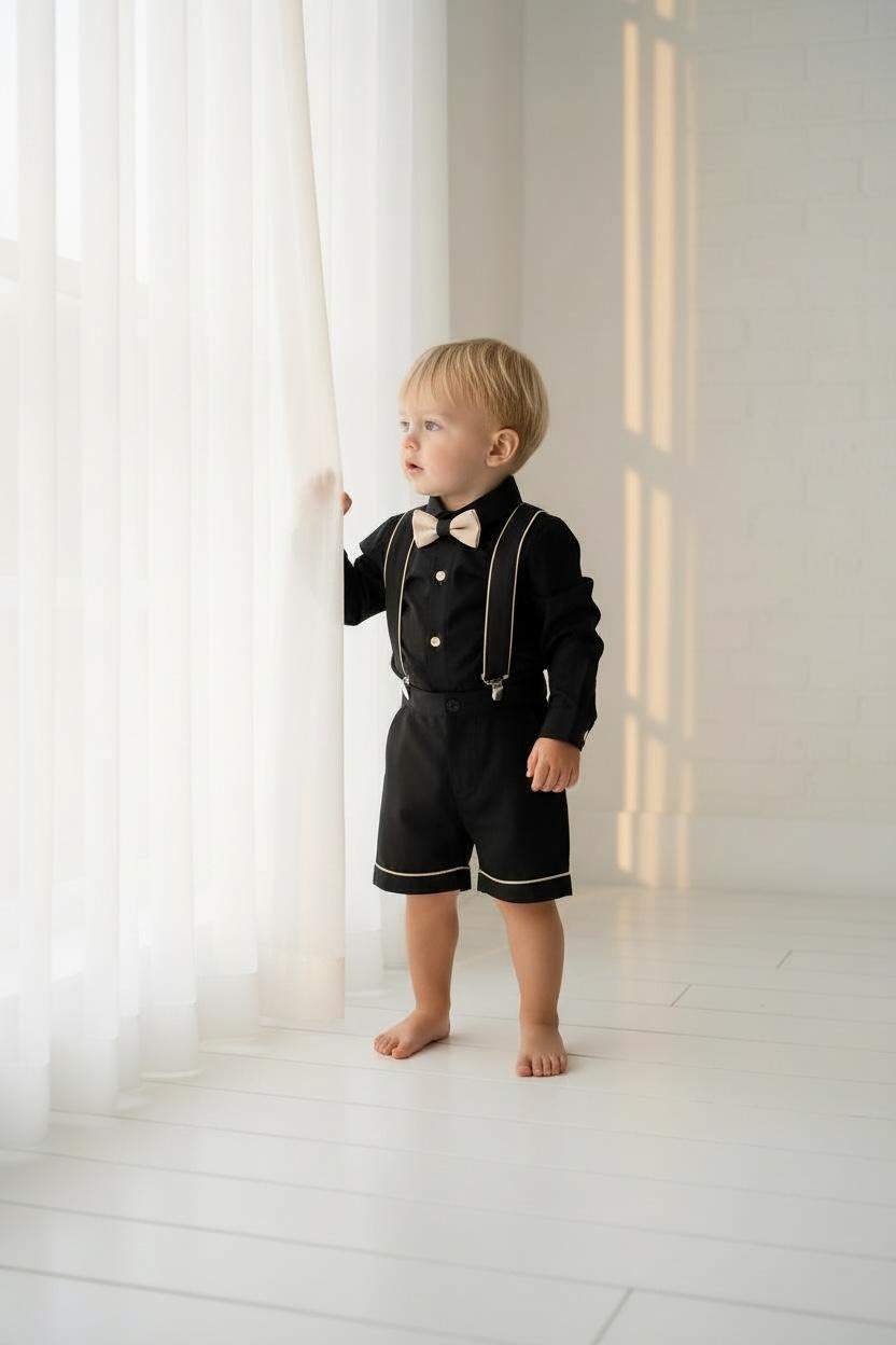 Erkek Çocuk Siyah Gold Askılı Şort Takım  Papyonlu Özel Gün Kombini