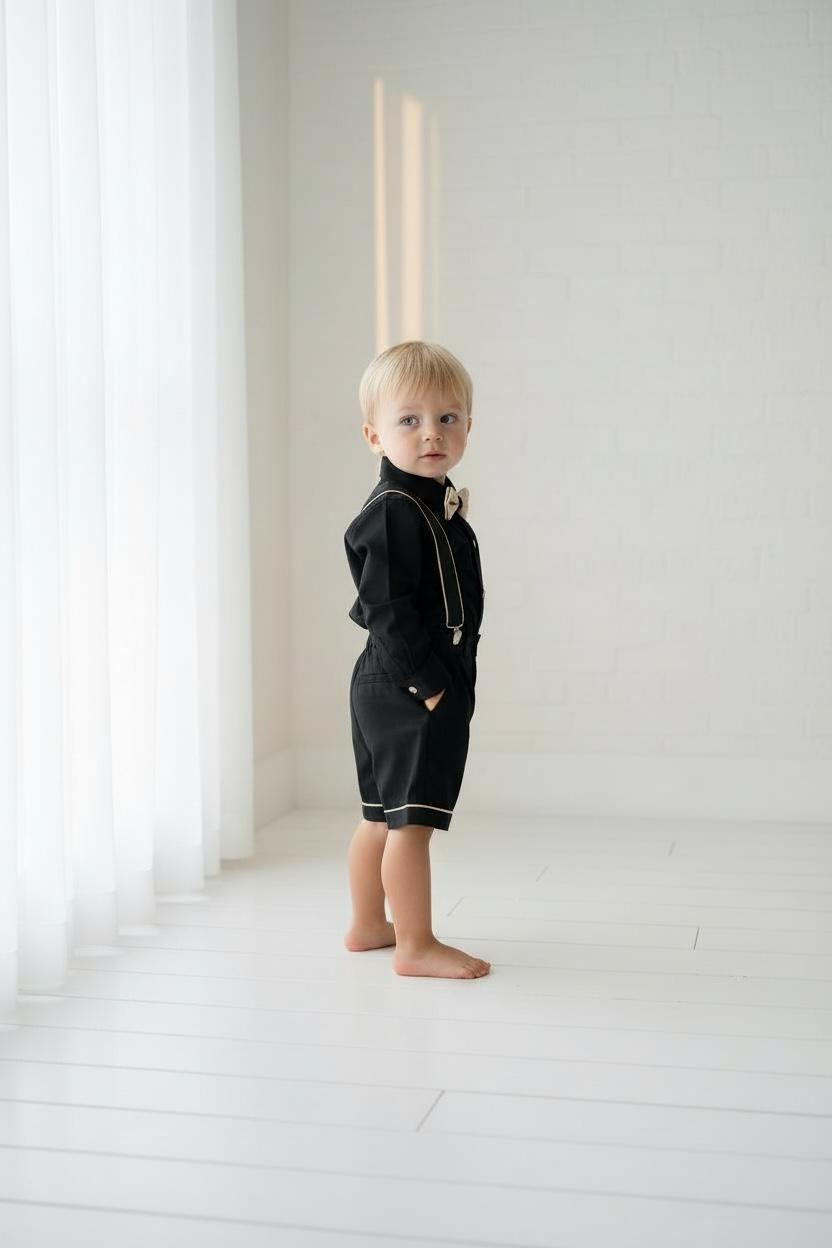 Erkek Çocuk Siyah Gold Askılı Şort Takım  Papyonlu Özel Gün Kombini