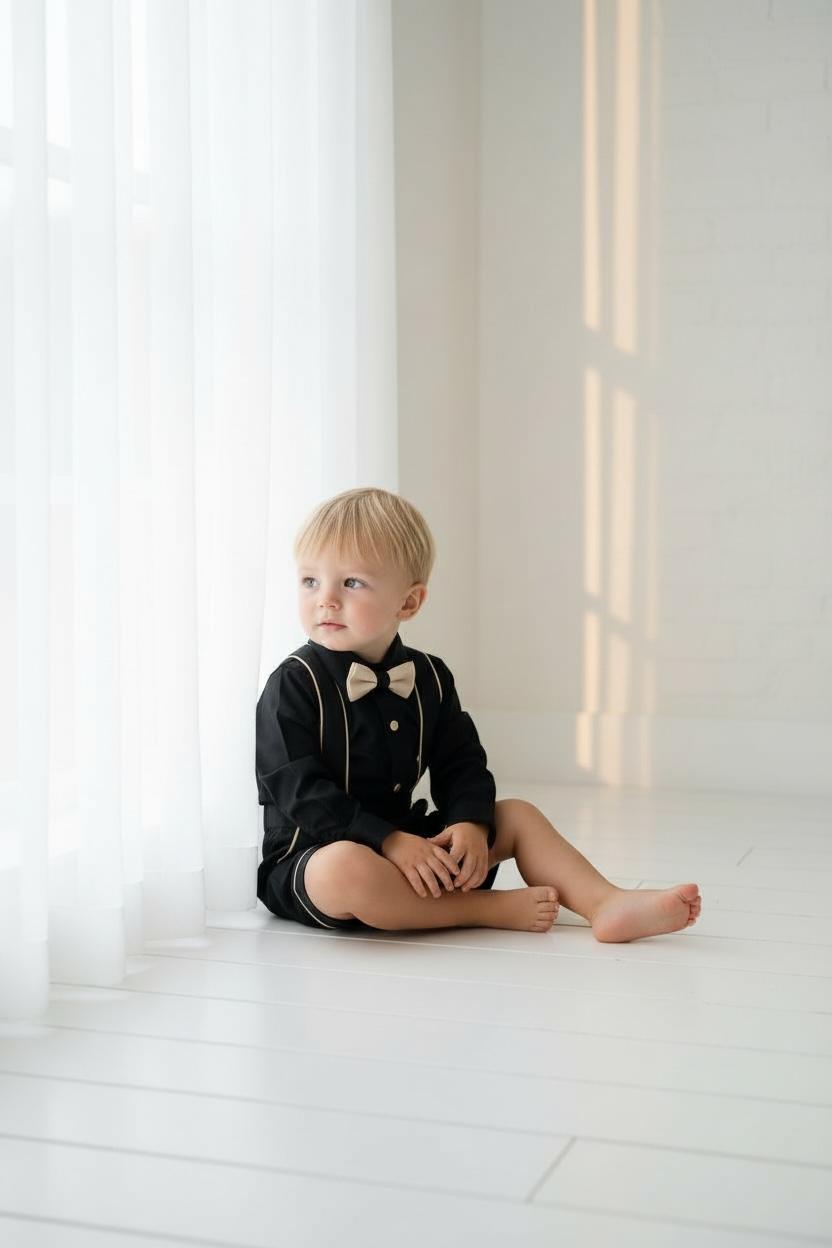 Erkek Çocuk Siyah Gold Askılı Şort Takım  Papyonlu Özel Gün Kombini