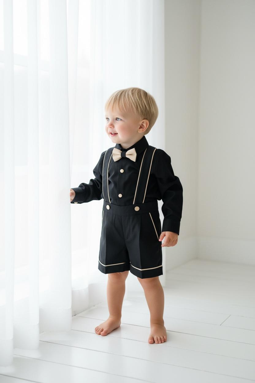 Erkek Çocuk Siyah Gold Askılı Şort Takım  Papyonlu Özel Gün Kombini