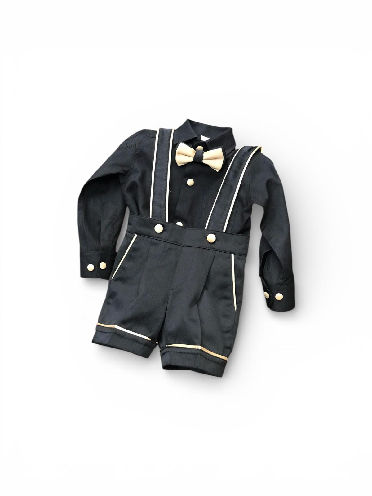 Erkek Çocuk Siyah Gold Askılı Şort Takım  Papyonlu Özel Gün Kombini