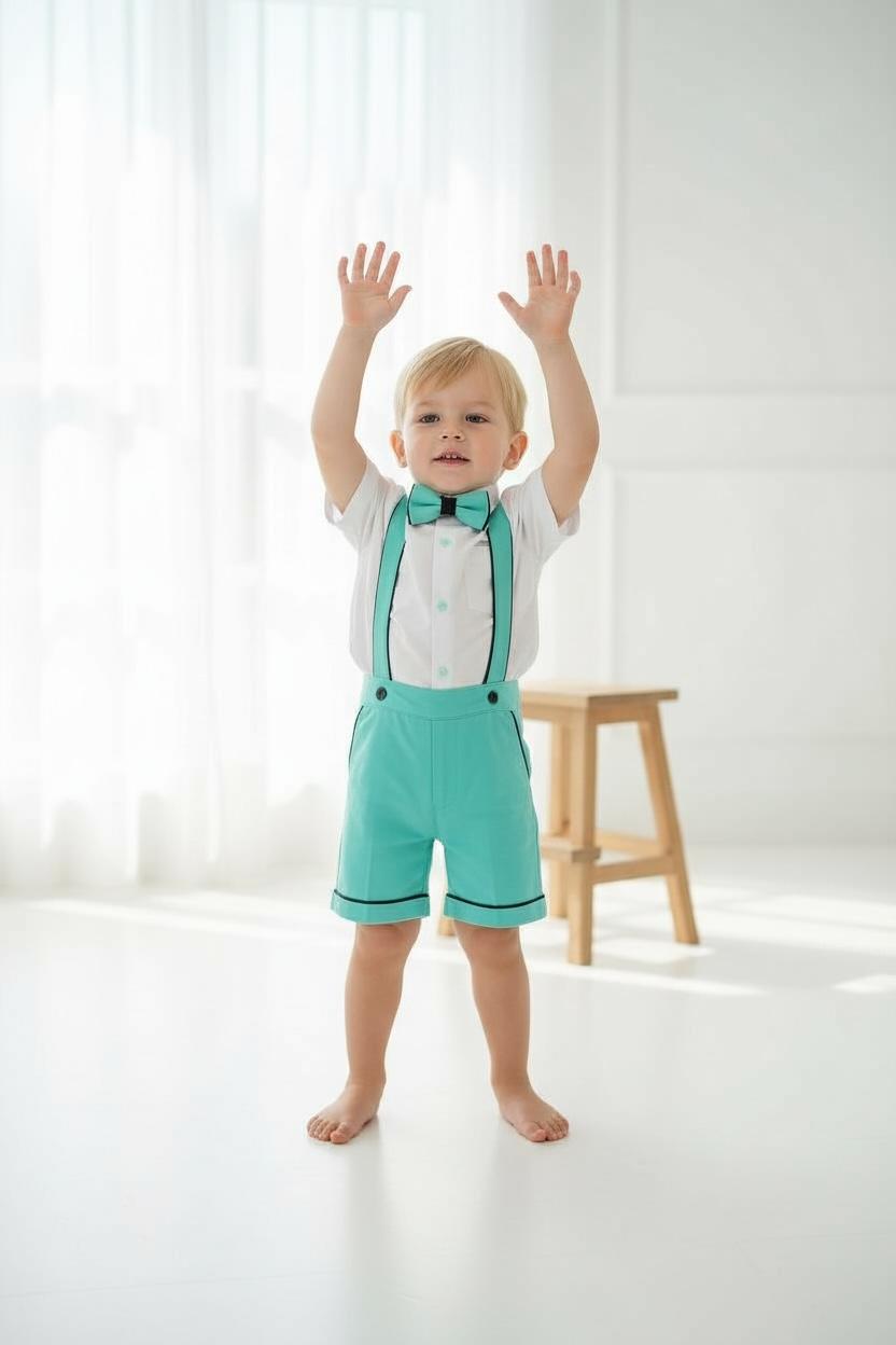Erkek Çocuk Mint Yeşili Askılı Şort Takım  Papyonlu Özel Gün Kombini