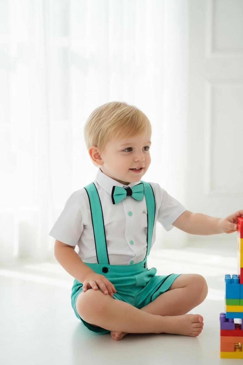 Erkek Çocuk Mint Yeşili Askılı Şort Takım  Papyonlu Özel Gün Kombini