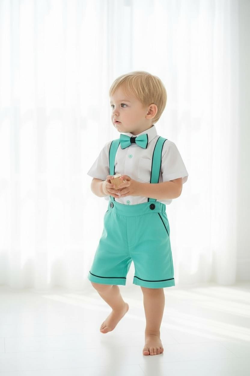 Erkek Çocuk Mint Yeşili Askılı Şort Takım  Papyonlu Özel Gün Kombini