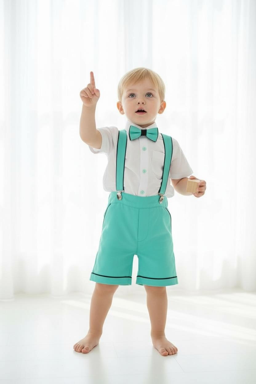 Erkek Çocuk Mint Yeşili Askılı Şort Takım  Papyonlu Özel Gün Kombini
