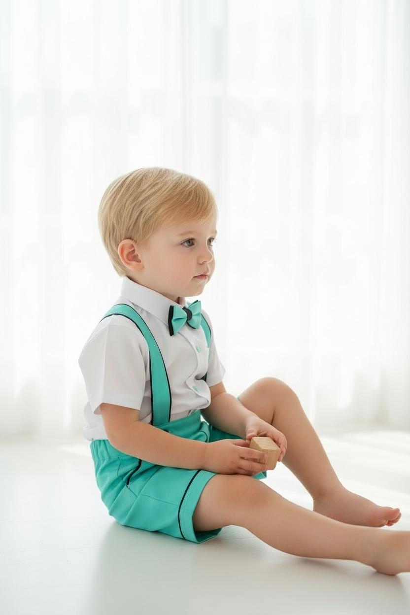 Erkek Çocuk Mint Yeşili Askılı Şort Takım  Papyonlu Özel Gün Kombini