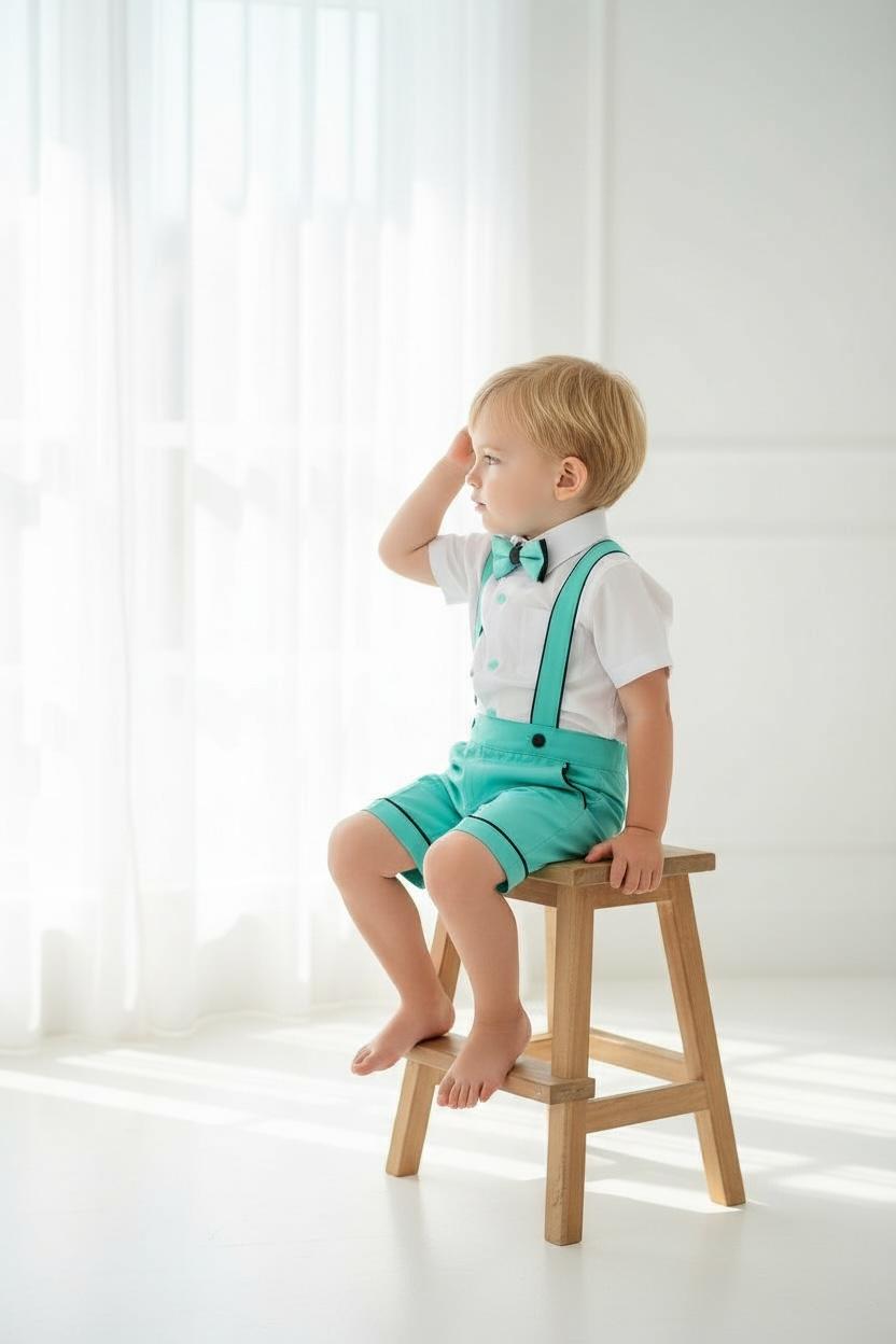 Erkek Çocuk Mint Yeşili Askılı Şort Takım  Papyonlu Özel Gün Kombini