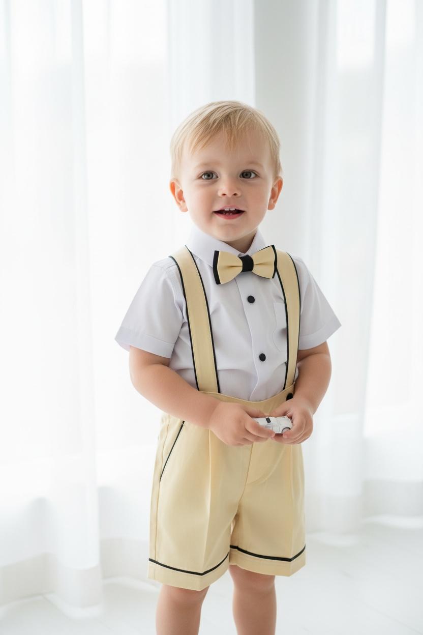 Erkek Bebek Sarı Askılı Şort Takım  Papyonlu Özel Gün Kombini