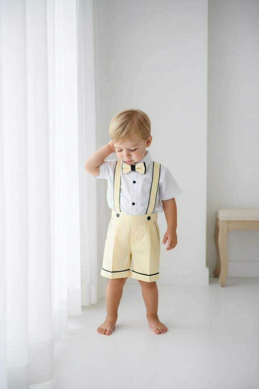 Erkek Bebek Sarı Askılı Şort Takım  Papyonlu Özel Gün Kombini