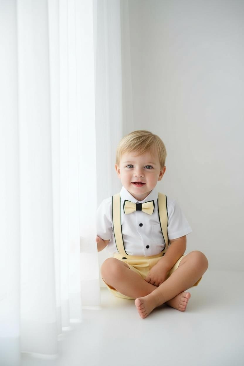 Erkek Bebek Sarı Askılı Şort Takım  Papyonlu Özel Gün Kombini