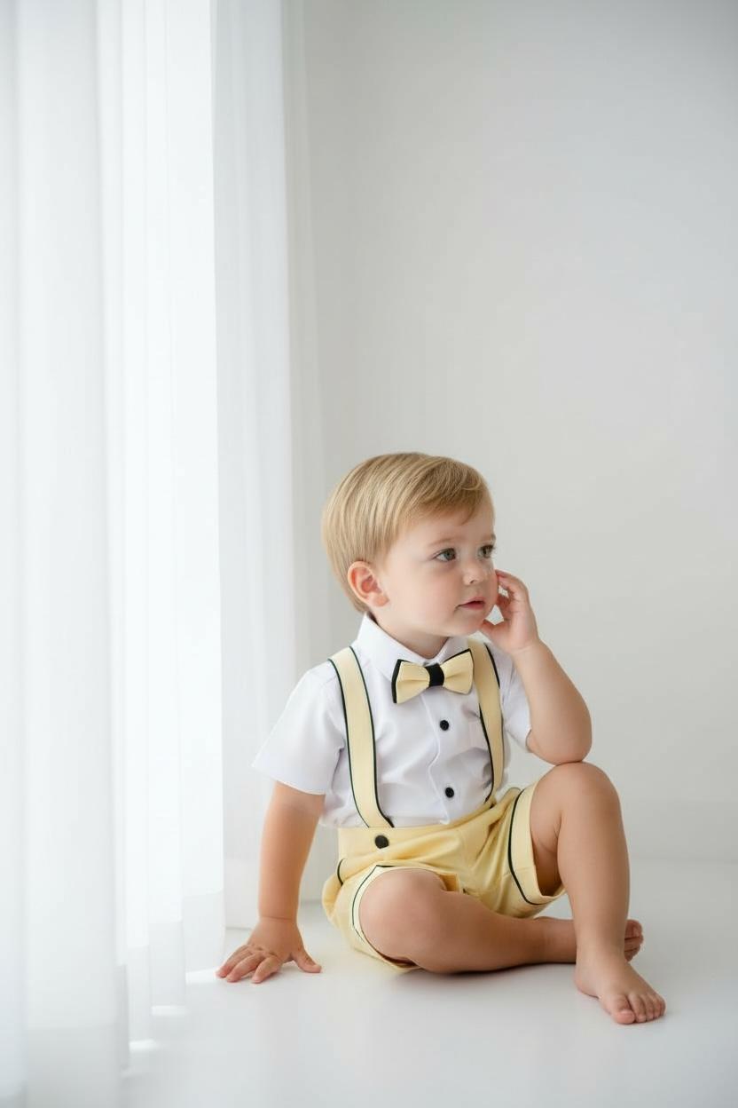 Erkek Bebek Sarı Askılı Şort Takım  Papyonlu Özel Gün Kombini
