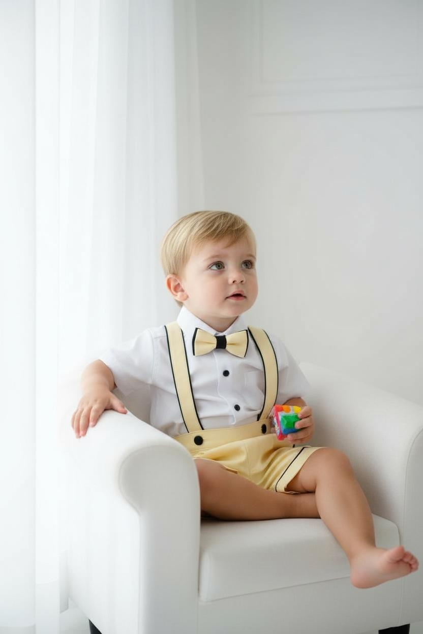 Erkek Bebek Sarı Askılı Şort Takım  Papyonlu Özel Gün Kombini