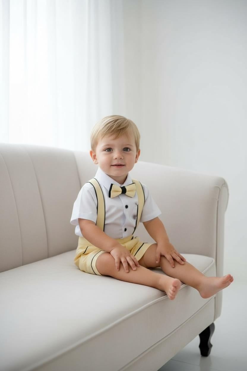 Erkek Bebek Sarı Askılı Şort Takım  Papyonlu Özel Gün Kombini