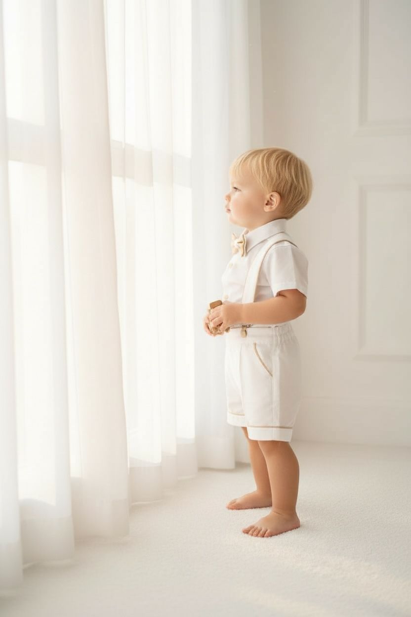 Erkek Bebek Beyaz Askılı Şort Takım  Papyonlu Özel Gün Kombini