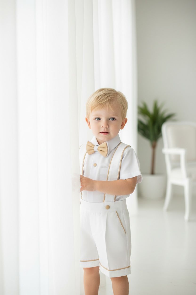Erkek Bebek Beyaz Askılı Şort Takım  Papyonlu Özel Gün Kombini