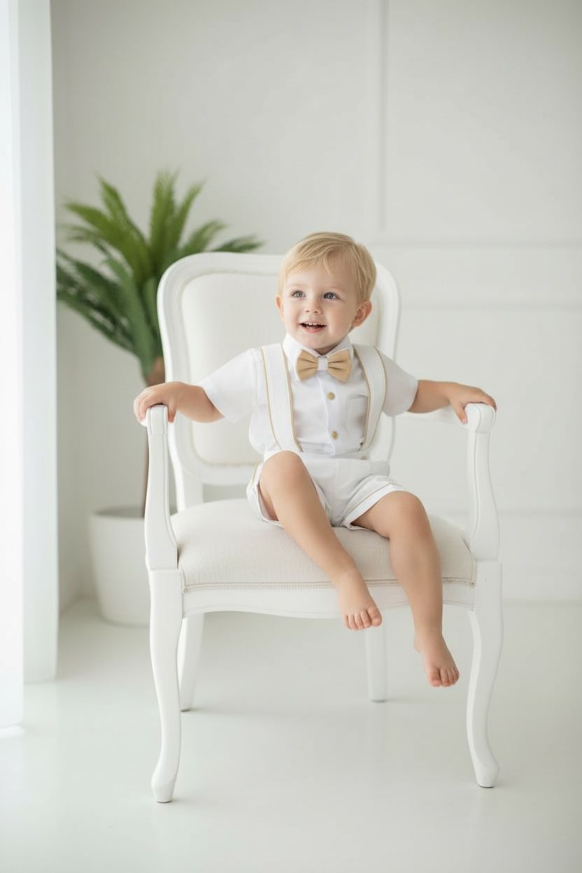 Erkek Bebek Beyaz Askılı Şort Takım  Papyonlu Özel Gün Kombini